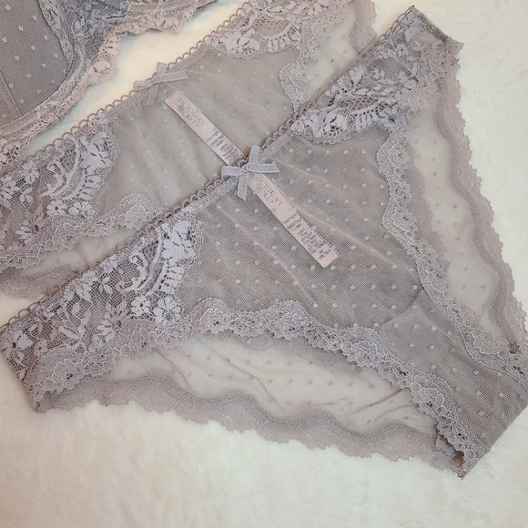 VS Dream Angels 3pc Bra & Panties Set Size 34E/med ☆ Gray Dotted Lace - Picture 2 of 7